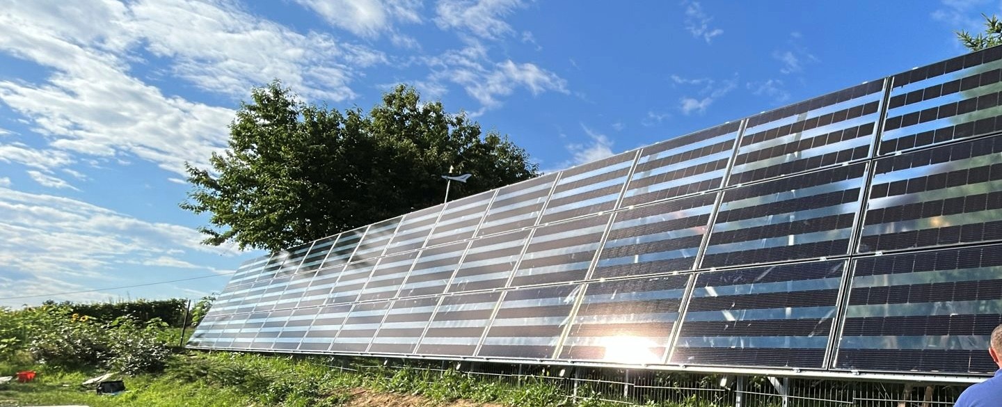 Lange, aufgeständerte Photovoltaik-Reihe mit teiltransparenten Modulen, durch die Sonnenlicht scheint